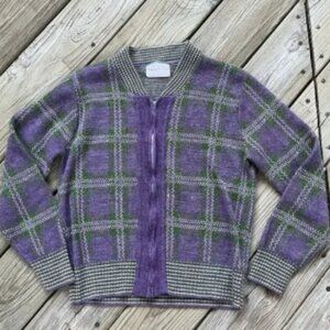 Jane Colby Women's Vintage Purple And Green Zip Front Cardigan Size M